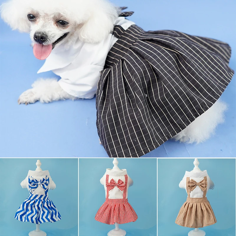 

British Style Stripe Bow Dog Dress Cotton Puppy Strap Skirt Pet Clothes Dog Cats Clothes Summer Small Dog Clothes Chihuahua