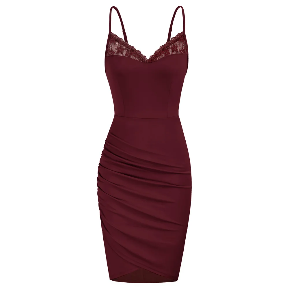 

GK Summer Dress Women 2022 Sundress Sexy Night Clubwear Lace Patchwork Dress Solid V-Neck Wrap Hem Ruched Bodycon Dress