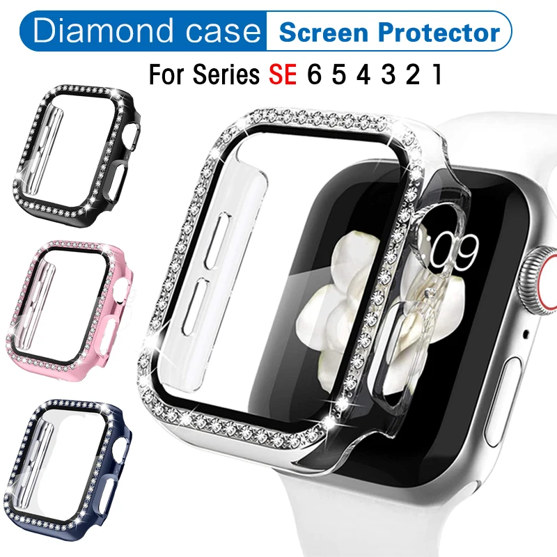 360 full Screen Protector Case for Apple watch 7/6/SE/5/4/3/2/1 Diamond cover Tempered glass film for iwatch 41MM 45MM 40MM 44MM
