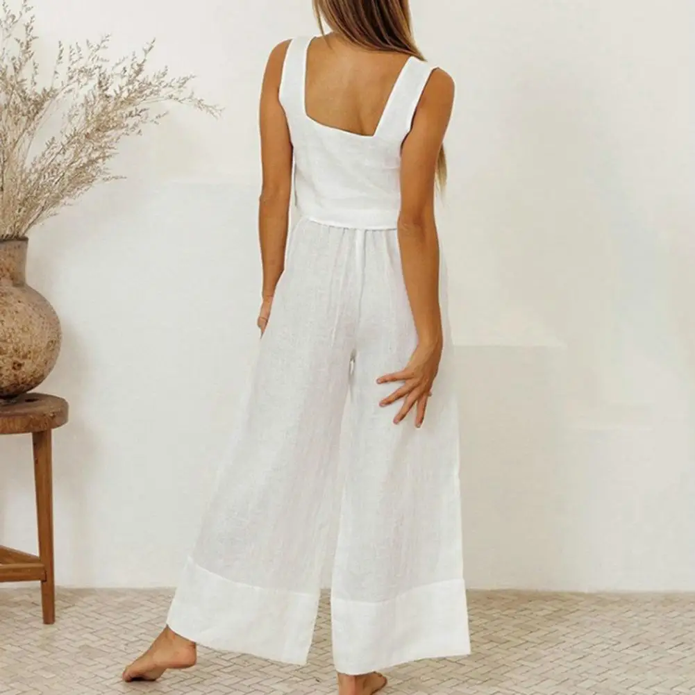 

2Pcs/Set Simple Lady Outfit Thin Loose Outfit Sleeveless Solid Color Short Vest Wide Leg Long Pants Set Dressing Up