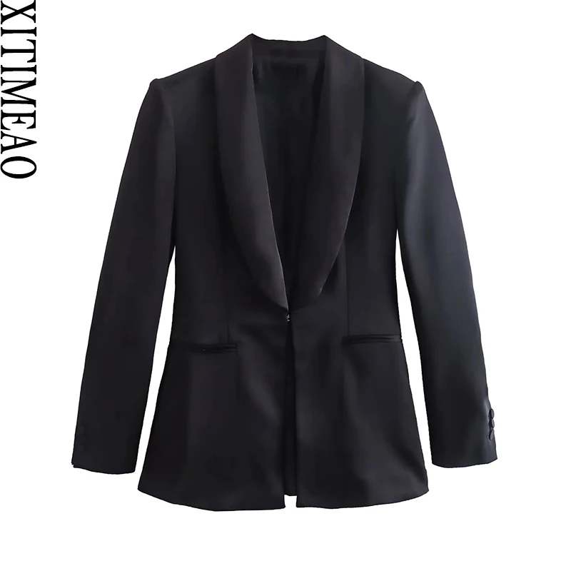 

Xitimeao Women Fashion Silk Texture Front Concealed Buckle Blazer Coat Vintage Long Sleeve Pockets Female Outerwear Chic Femme