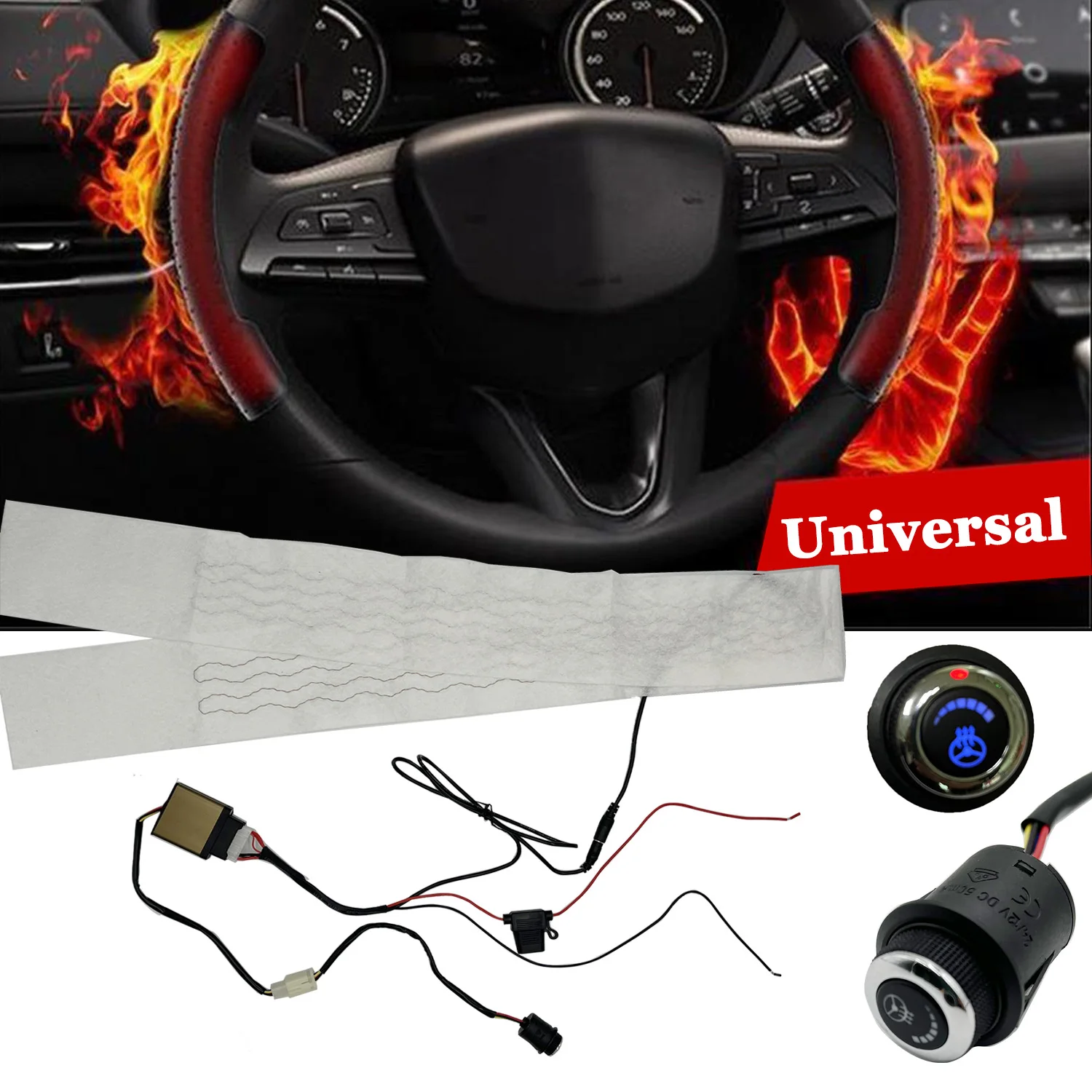 

Built-in Car Steering Wheel Heater Kit Universal 12V Carbon Fiber Heat Pads Independent Switch Control System with Harness