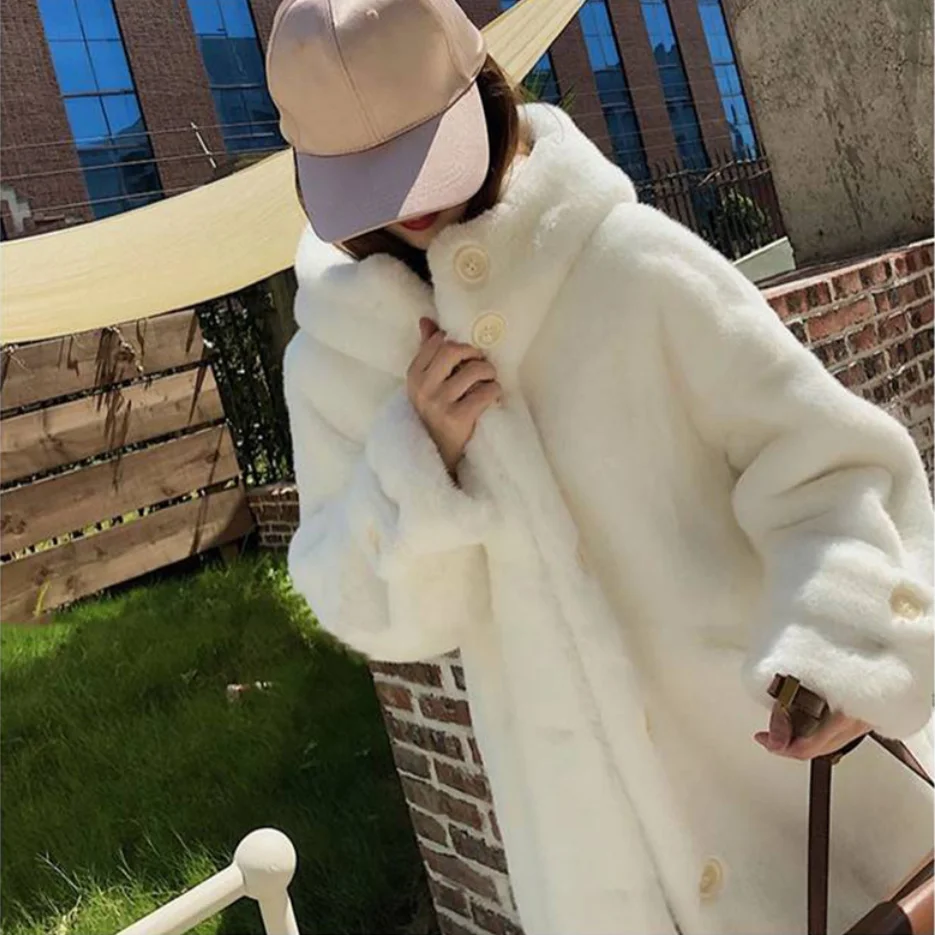 2022 Winter Fashion Fur Coat Women Long Furry Imitation Rabbit Fur Warm Casual Hooded Fur  Women's Coat