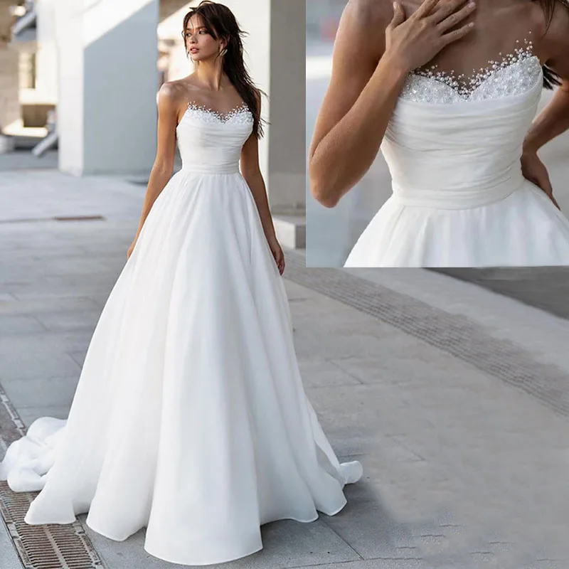 

MANRAY Luxury Pearls Sweetheart Neckline Boho Wedding Dresses High Slit Applique Sleeveless A-Line Bridal Gowns Robes De Mariage