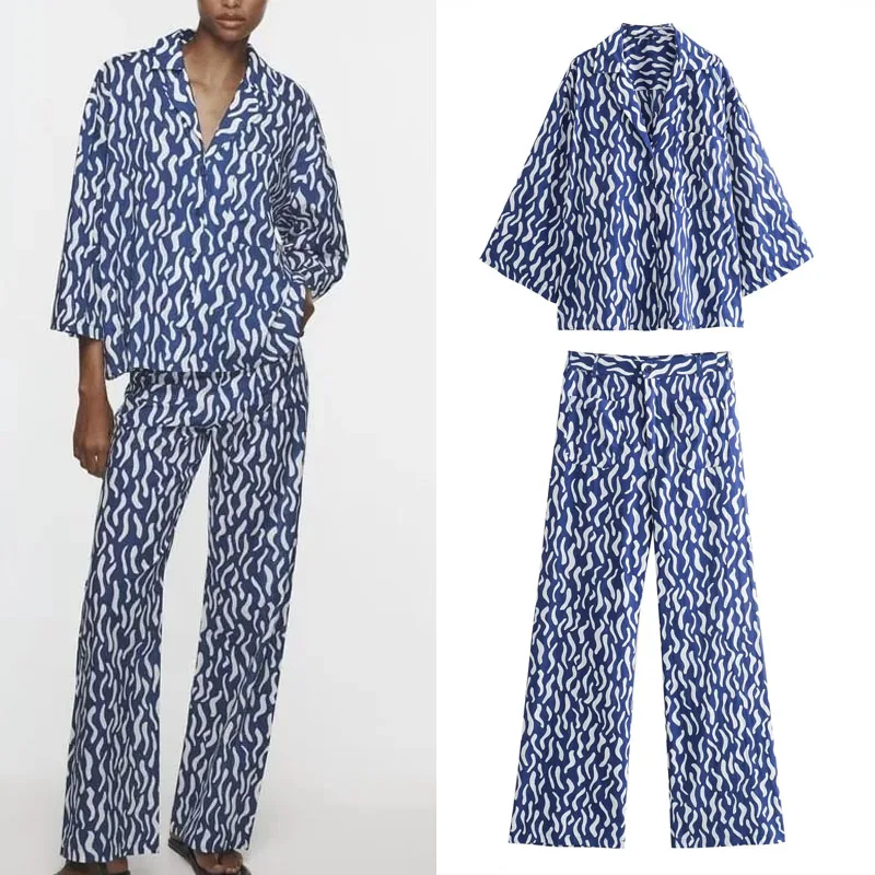 

TRAF Women Printed Pocket Shirt+pant Sets Fashion Long Sleeve Single Breasted Shirts Female Vintage Straight Leg Mid-rise Pants