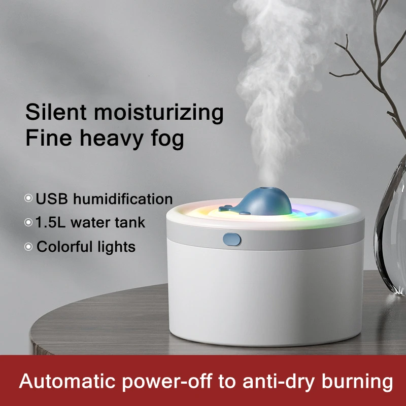 

USB Air Humidifier 1.5L Large Capacity Heavy Fog Sprayer Moisturizing 2-mode Mist Maker Auto-power Off Colorful Lamp for Bedroom