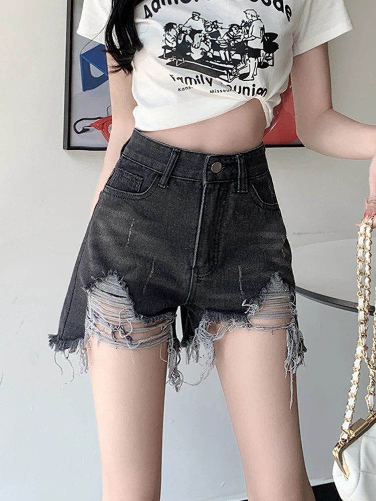 New Spring Summer Women High Waist Loose Frayed Hole Denim Shorts Streetwear Female Button Wide Leg Jeans Shorts