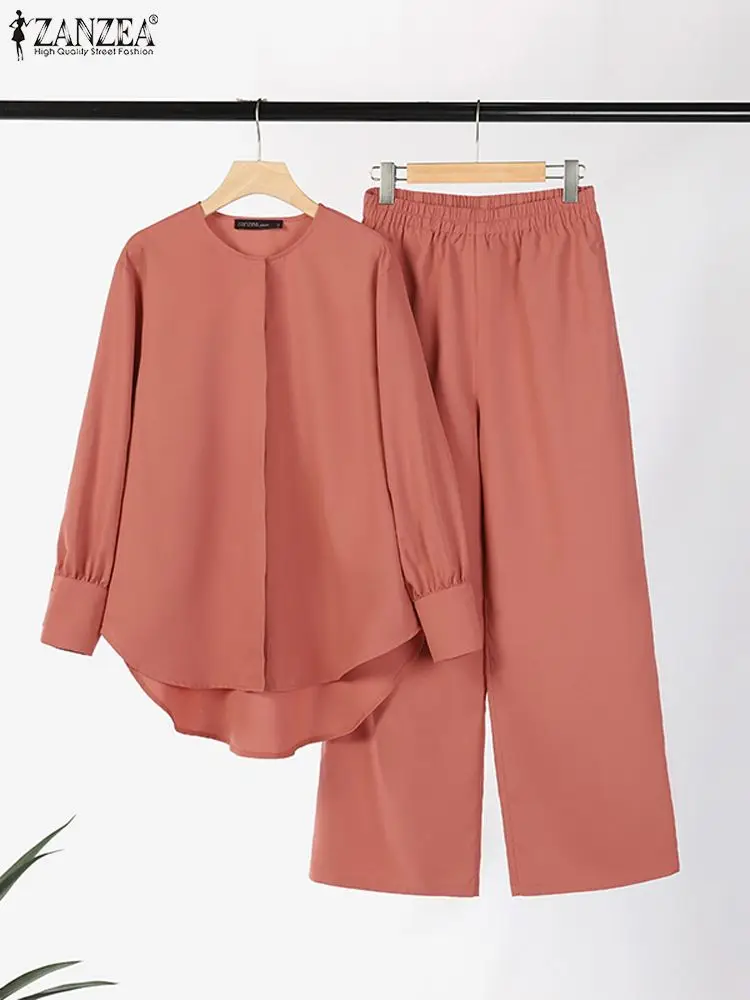 ZANZEA Eid Mubarek Muslim Sets Women Fashion Urban Tracksuit Long Sleeve Buttons Up Tops Loose Trouser Party Islamic Clothing