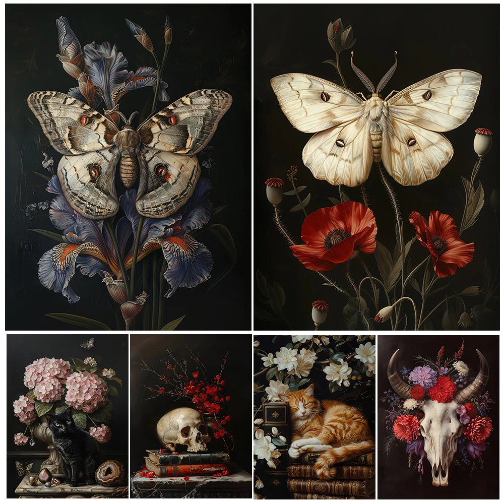 Картина маслом в античном стиле темной академии скелет-библиотека моль белки