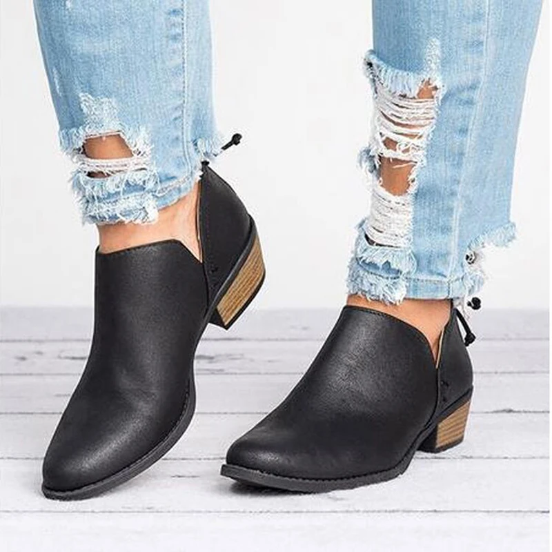 

Spring Autumn Women Ankle Boots Slip-On Med High Heels Female Shoes Short Boots Pointed Toe Shoes Zapatillas Mujer 43
