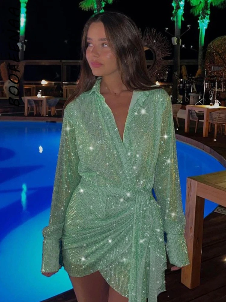 

Платье-рубашка BOOFEENAA с блестками для женщин, Осеннее сексуальное прозрачное вечернее платье мини с глубоким V-образным вырезом и длинным рук...