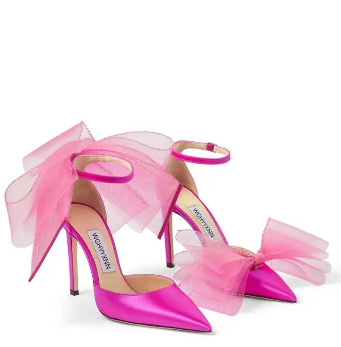 

Ladies pointed hot pink bow high heels sexy black buckle stiletto high heels cover heel wedding shoes dance shoes banquet shoes