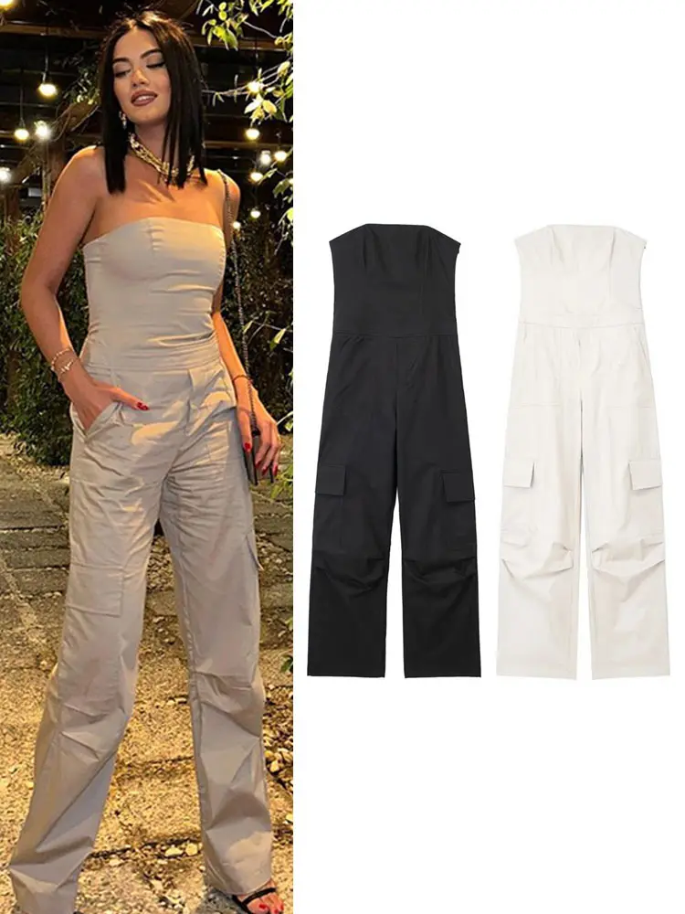 

Casual Khaki Sleeveless Cargo Jumpsuits Women 2023 Summer Solid Pockets Loose Leg Pants Romper Female Vintage Jumpsuits Outfits