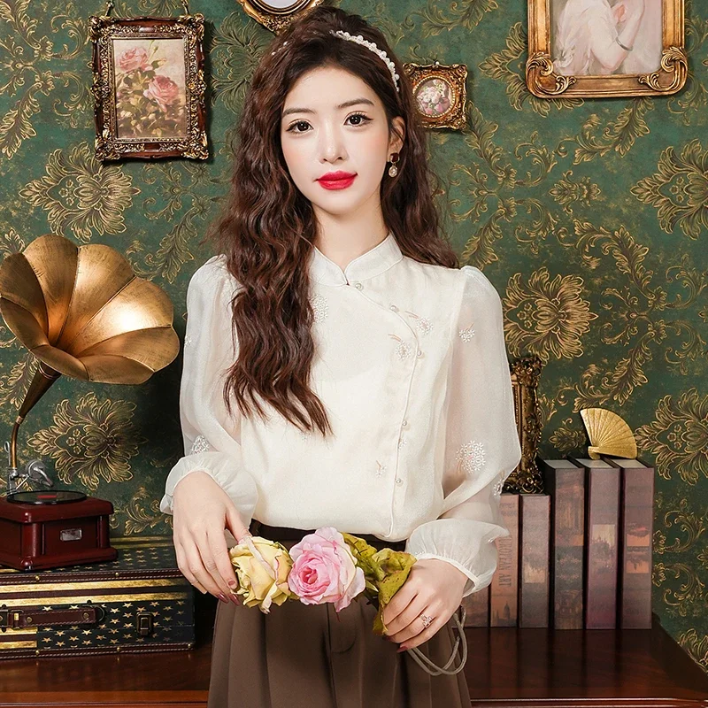 New Long Sleeve Stand Collar Women Blouse Embroidery Shirt Tops Blouses Shirts Blusas Para Mujer Camisas Blusa M677