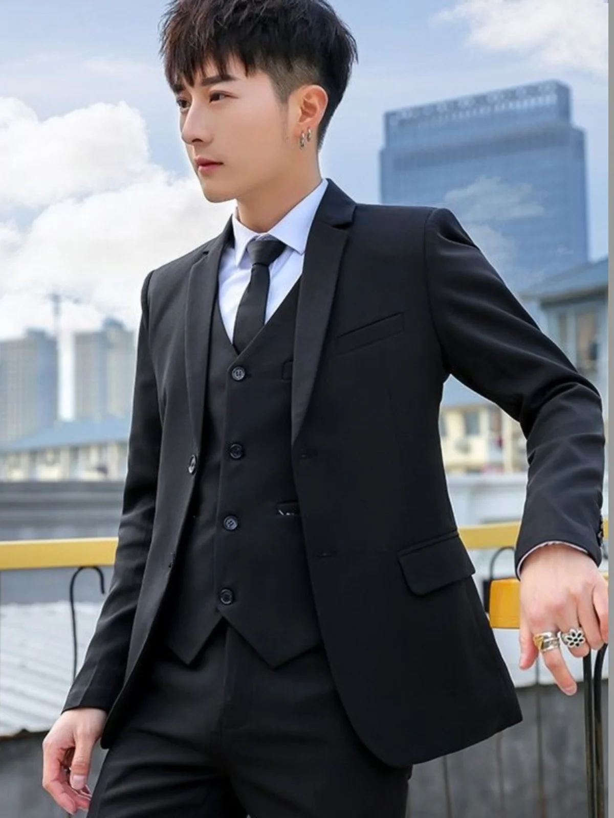 Solid Black Suit Men's Outerwear Autumn and Winter Fleece-lined Thickened Top Korean Sle Slim fit Business Casual Small Sui...