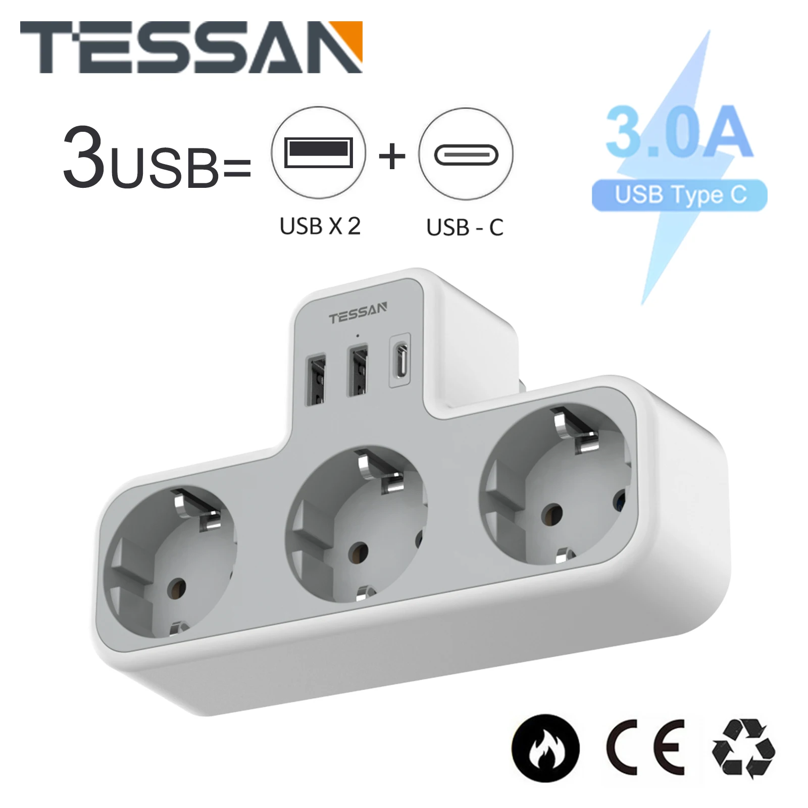 

Удлинитель настенный TESSAN с 3 розетками переменного тока, 2 USB-порта и 1 Type-C, 6 в 1, для дома и офиса