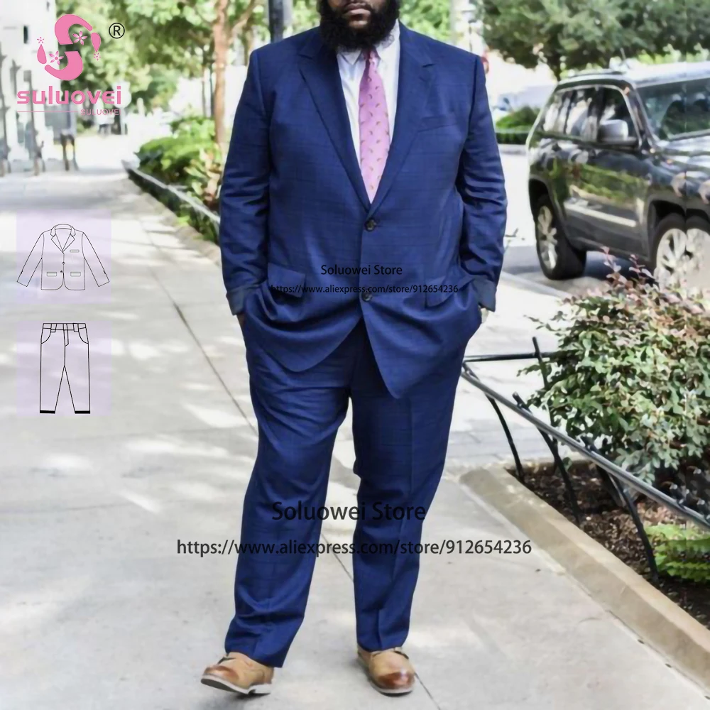 Fashion Plaid Plus Size Suits For Men Elegant 2 Piece Jacket Pants Set Formal Groom Wedding Notch Lapel Tuxedo Vestidos De Novia
