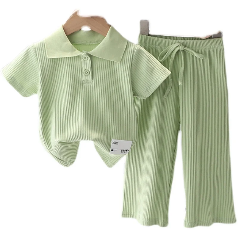 Летний комплект из футболки для девочек пуловер с коротким рукавом и отложным