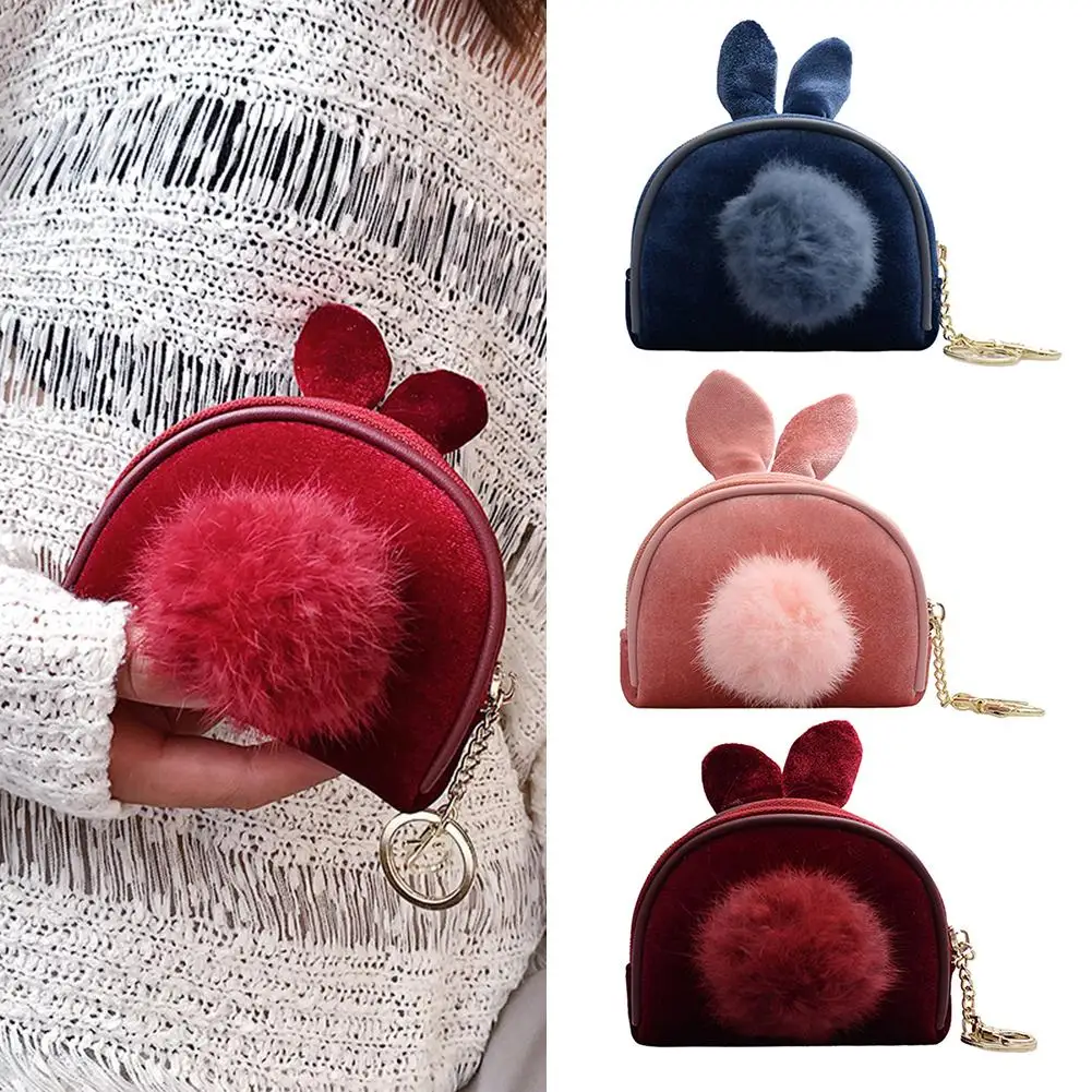 

Hot Sale Coin Bag Woolen Pompom Coin Purse Women Fashion Small Wallet Clutch Rabbit Ear Keychain Leisure Daily Shopping