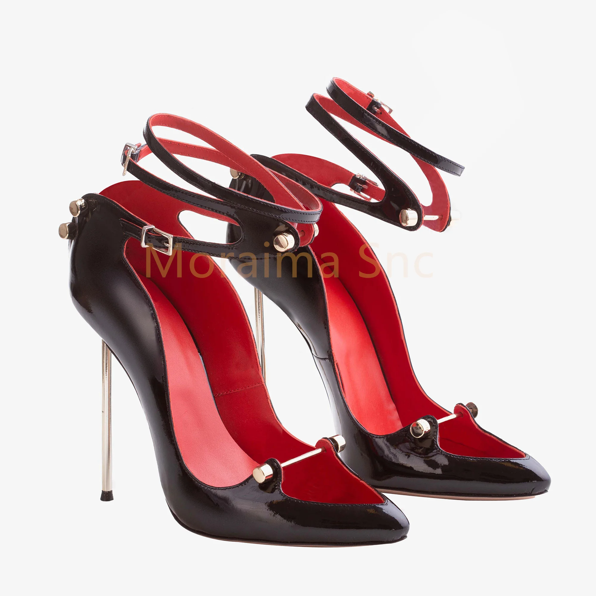Metal Buckles Thin High Heels Women Pumps Pointed Toe Cut-Out Black Red Party Wedding Shoes Single Shoe Leather Spring Autumn