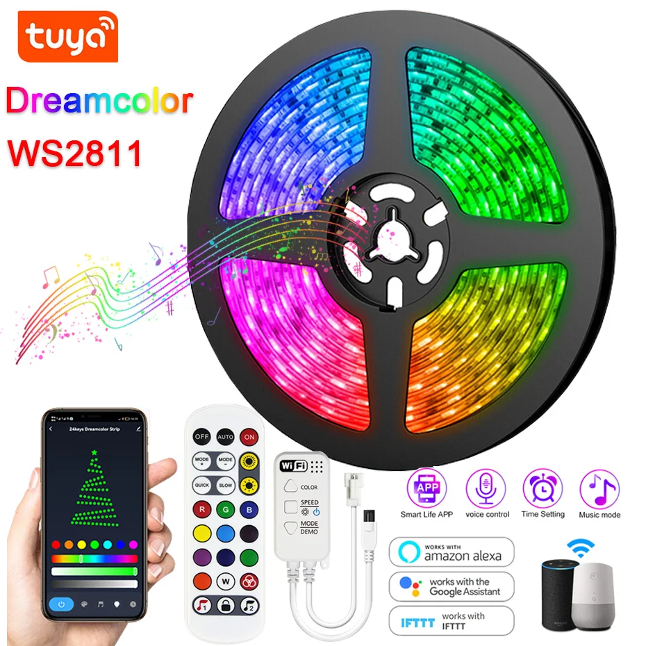 

Tuya WiFi WS2811 RGBIC 5050 LED Strip 12V 10m 15m 20m Flexible Ribbon Led Tape Colors Chasing Effect Christmas Lights Alexa Lamp