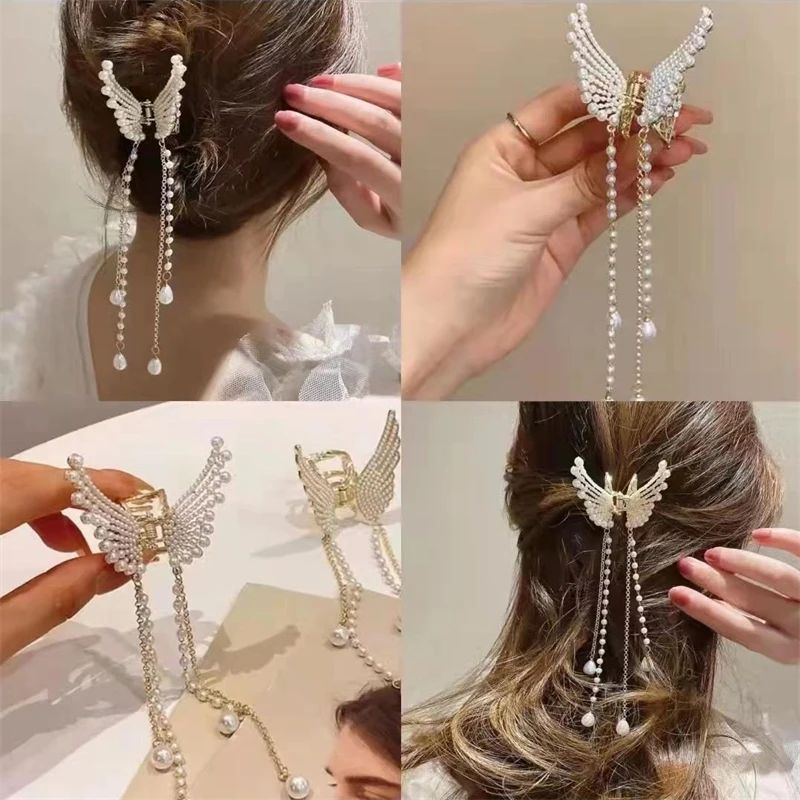 

New Butterfly Pearl Tassel Hair Claw Rhinestone Clip Korean Elegant Simple Shark Hairpin Ponytail Crab Clip Girls Hair Accessori