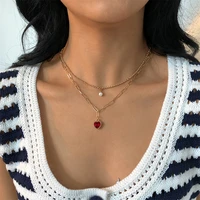ailodo heart shape red color rhinestone pendant necklace for women multilayer pearl necklace party wedding fashion jewelry gift