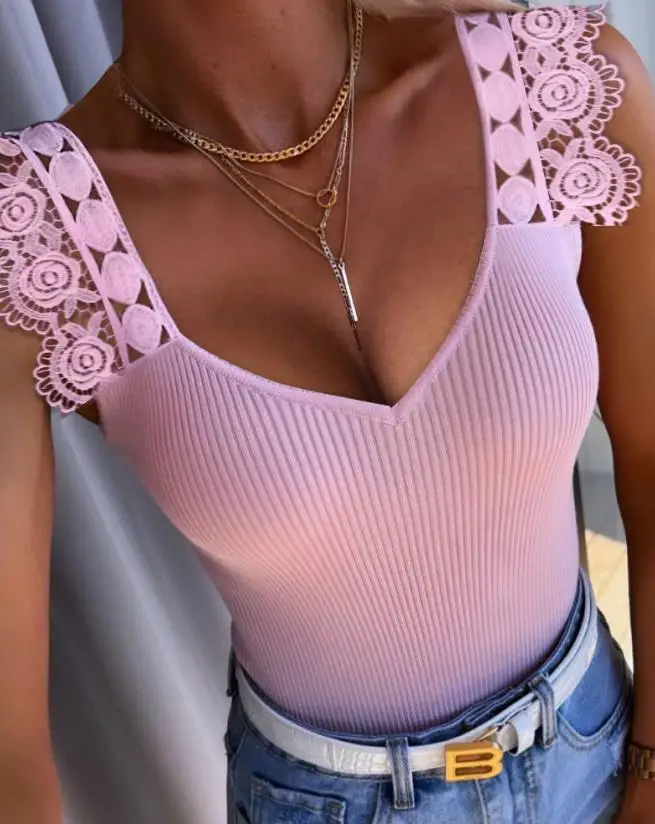 

Elegant Women's Tank Tops 2023 Summer New Solid Splicing Lace Patch V-Neck Ribbed Vest Daily T-Shirt Commuting Vest Versatile