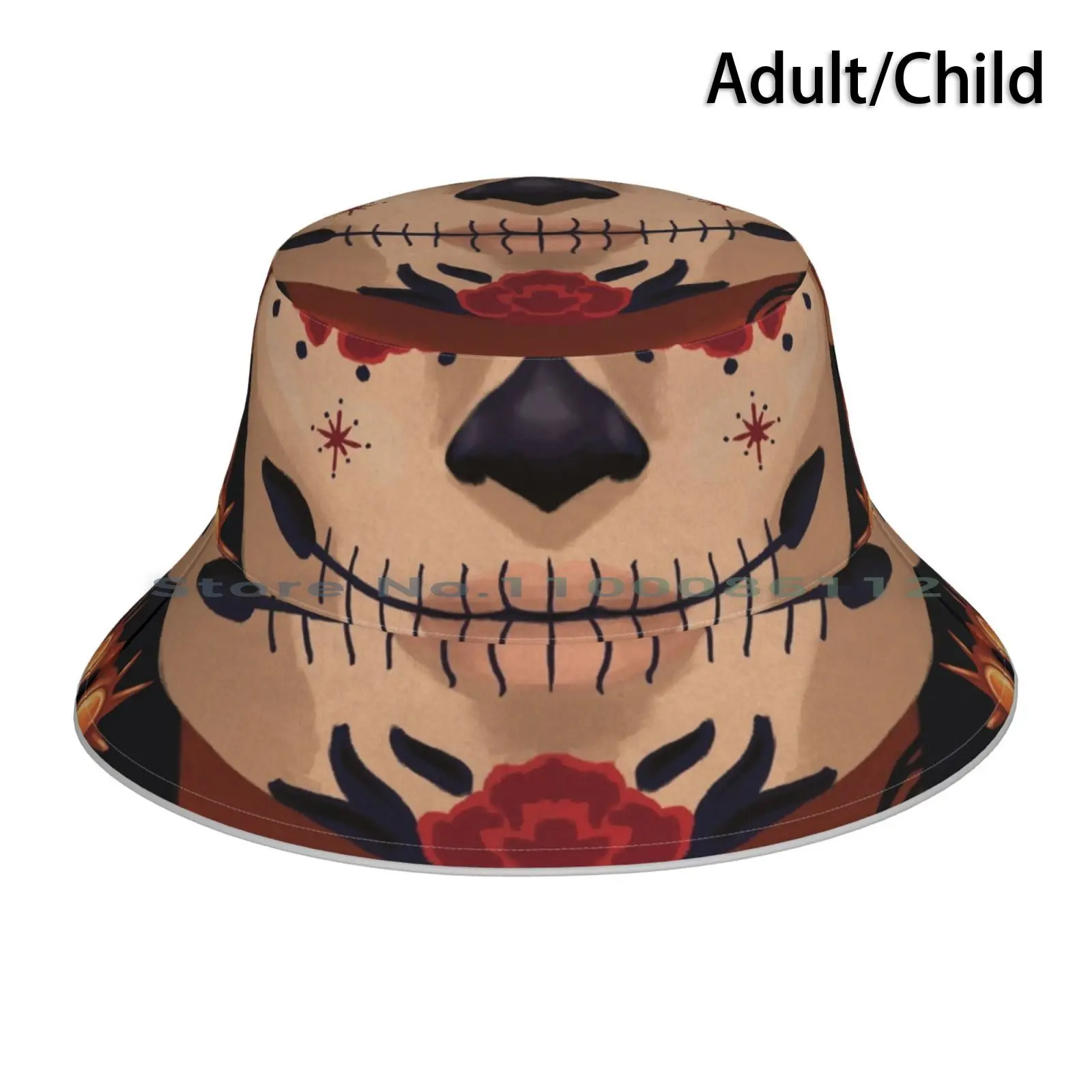 

Day Of The Dead , Sugar Skull Paint | In Black Bucket Hat Sun Cap Day Of The Dead Red Flowers Floral Sugar Skull Dia De Los