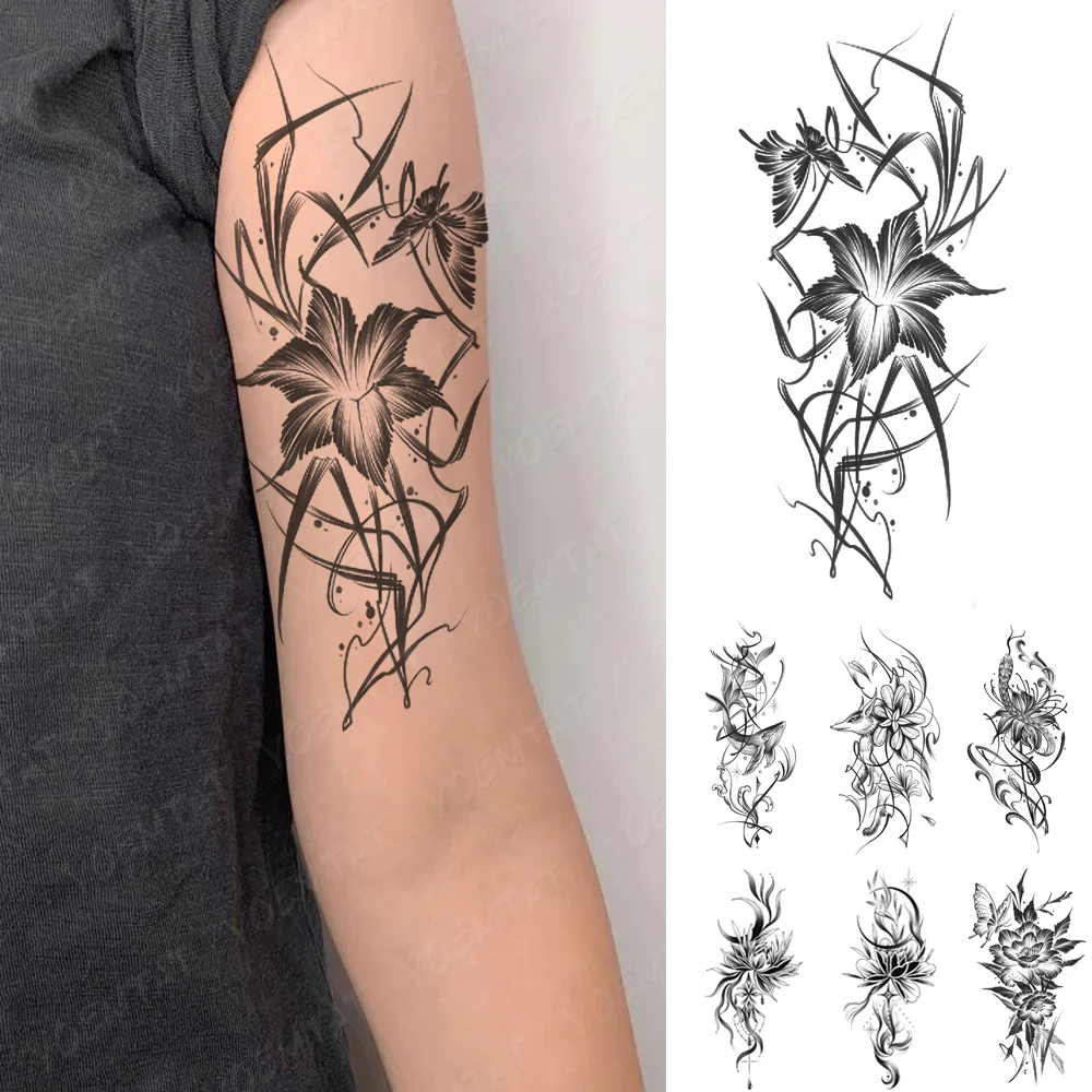 

Waterproof Temporary Tattoos Sticker Black Lily Lotus Peony Butterfly Snake Fox Women Arm Flash Tatoo Fake Tattoo Men Body Art