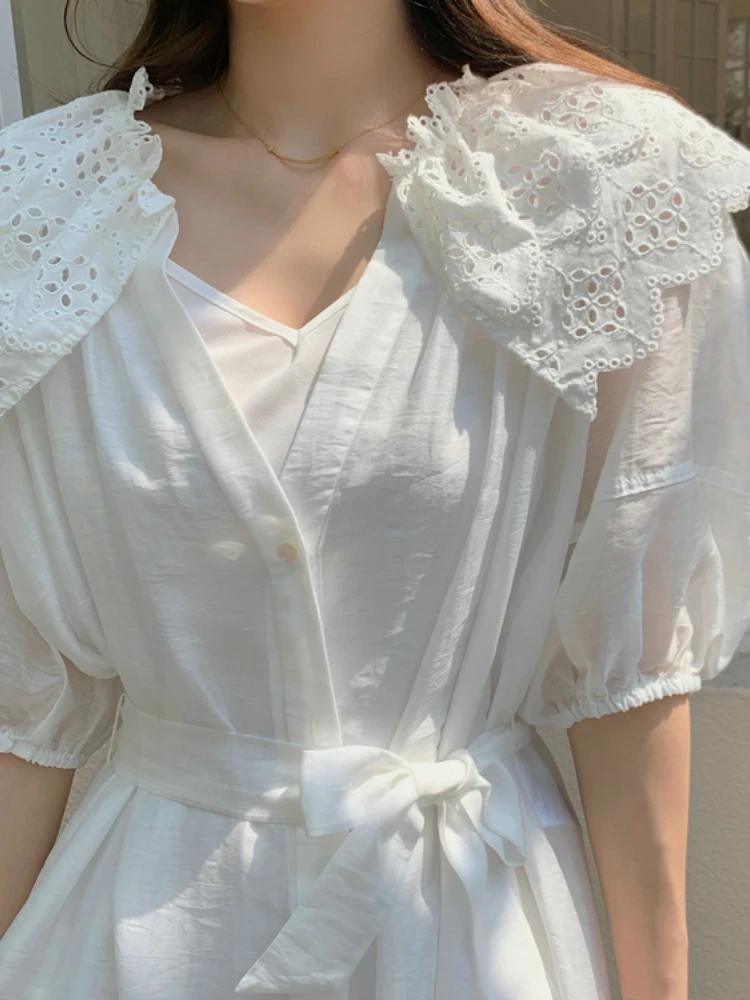 

White Linen Mini Dress for RUANDAI 2022 Summer New Embroidered Petal Doll Collar Puff Sleeve Lace-Up Dress Women
