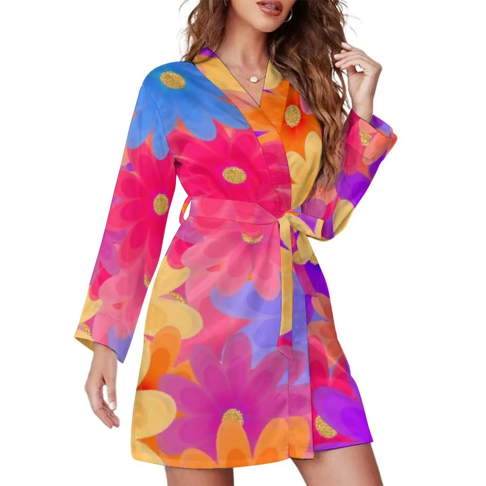 

Colroful Bright Flowers Pajama Robe Retro Hippie Print Long Sleeves Fashion Pajamas Robes V Neck Bedroom Nightgown Daily Dresses