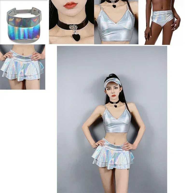 Женская серебряная одежда для черлидинга ночной клуб бар Dj Ds Rave топы юбка танцев