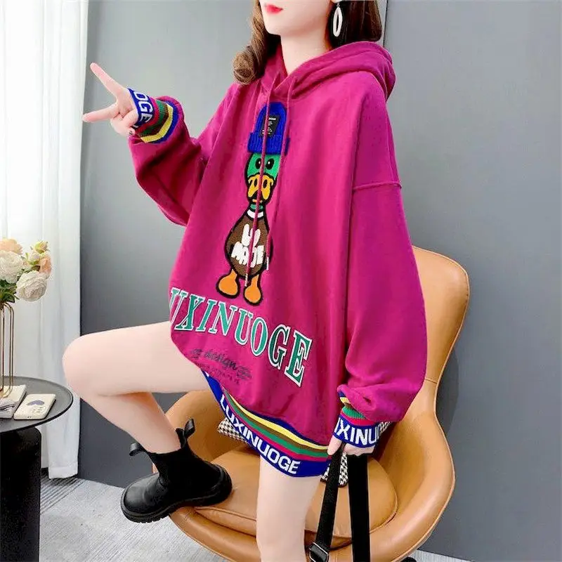 

Модные толстовки, женские плюшевые толстые пальто с капюшоном, корейский стиль, толстовка средней длины, Осень-зима, трендовые повседневные свободные топы, Y2k одежда