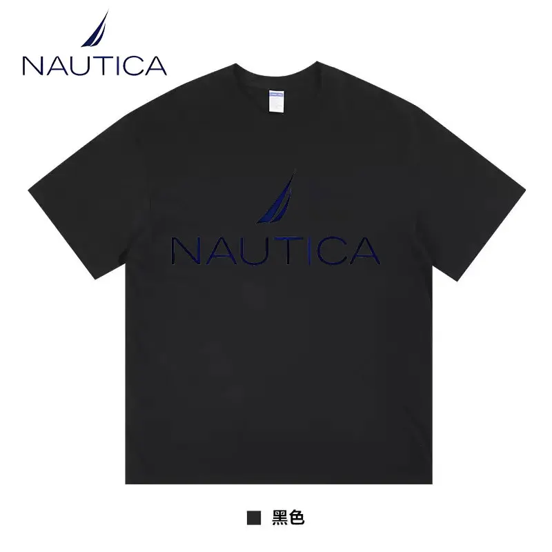 Фото Женская хлопковая футболка Nautica с коротким рукавом, однотонная, свободного кроя, повседневная, парная модель, с круглым вырезом, с коротким рукавом №3