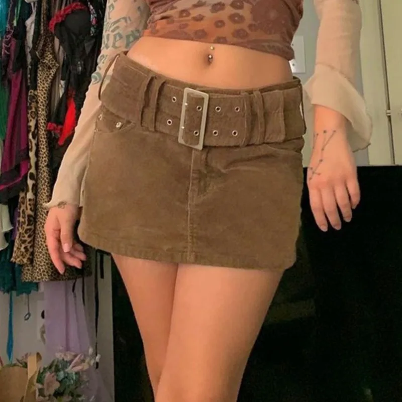 

2023 Fall 90s Fashion Short Bottoms Indie Aesthetics Solid Low Rise Corduroy Skirts Y2K Vintage with Belt A-line Brown Skirts