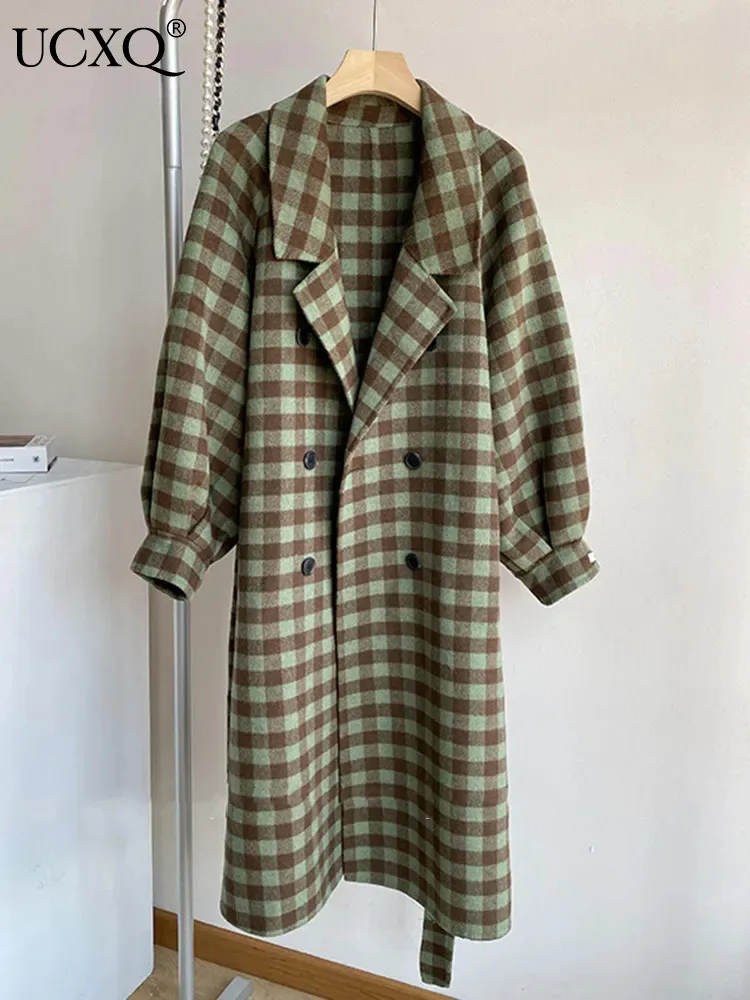 

UCXQ Vintage Green Plaid Notched Double Breasted Woolen Coat With Belt Autumn 2023 New Casual Loose Long Sleeve Wool Jacke Tide