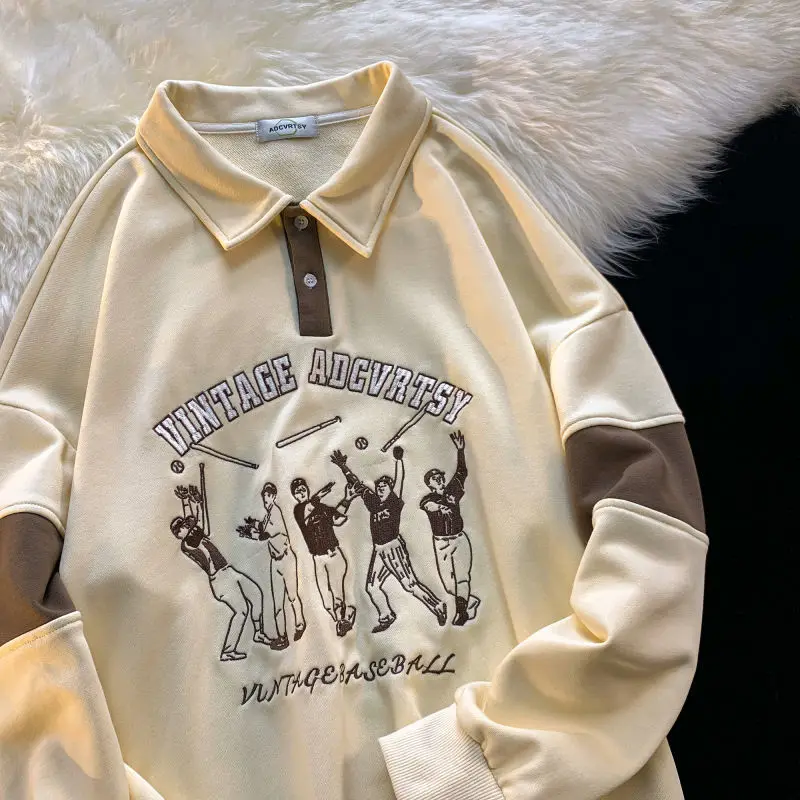 

Vintage Polo Collar Hoodies Women Oversized Letter Embroidery Sweatshirt Female Autumn Long Sleeve Loose Fashion Tops Harajuku