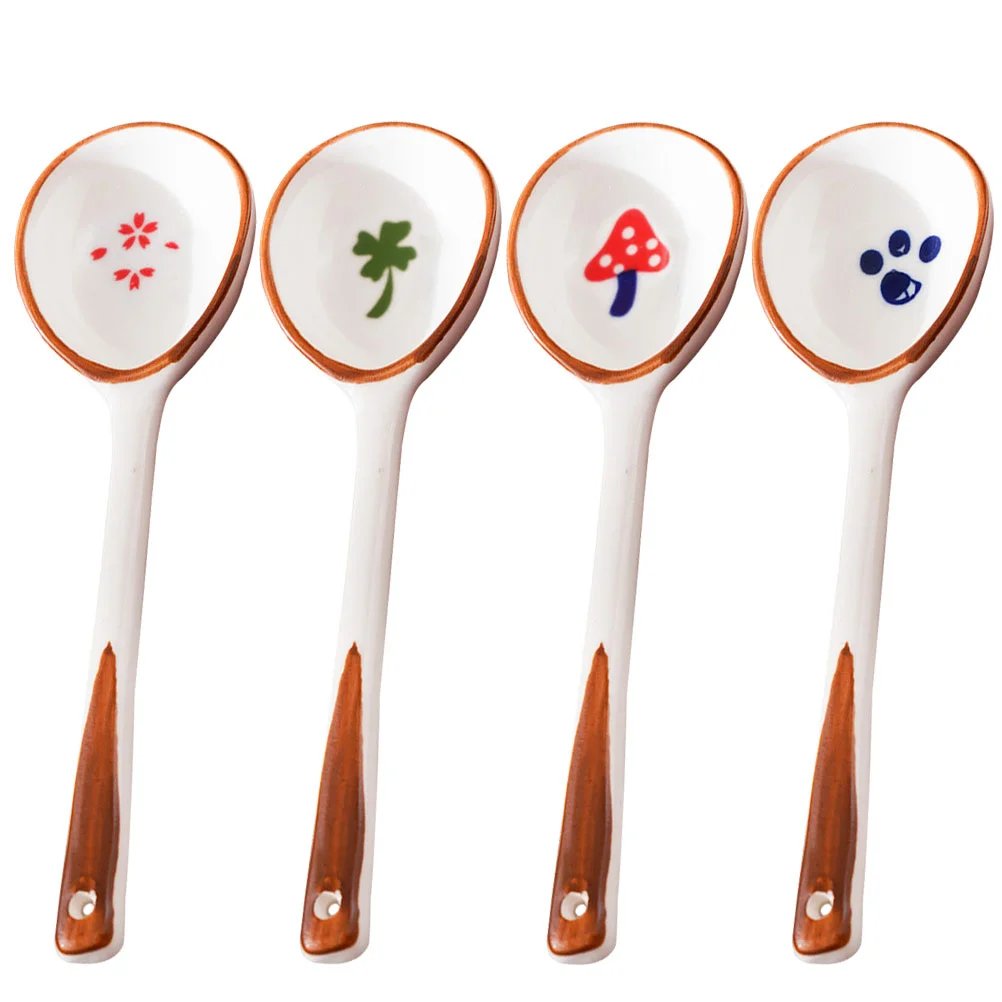 

4Pcs Handle Spoon Ceramic Spoon Reusable Ceramic Spoon Porridge Spoon Home Spoons