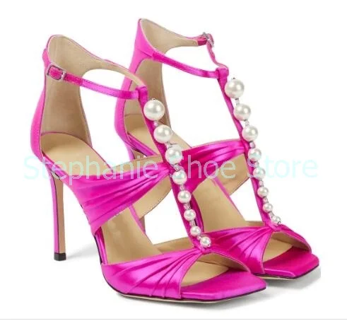 

Sexy Fancy Wedding Pearl Stiletto High Heel Sandals Luxury String Square Toe Crystal Sandalias Women Hollow Dress Bridal Shoes