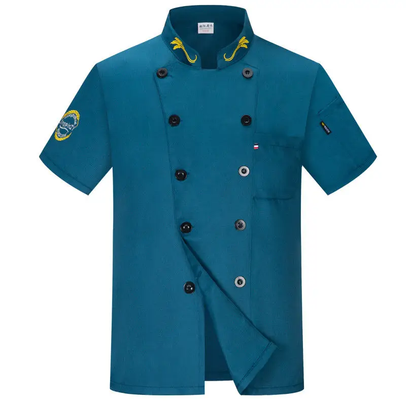 Chaqueta de Chef azul de manga corta para hombre, uniforme de restaurante, cocina, Catering, abrigo de cocinero de doble botonadura, traje de chef blanco y negro