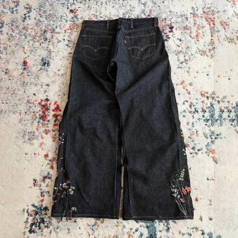 Фото Джинсы Y2K Blossom Baggy с модной цветочной вышивкой, облегающими швами, унисекс, уличный стиль, ретро, в стиле Харадзюку, свободный крой, оверсайз №5