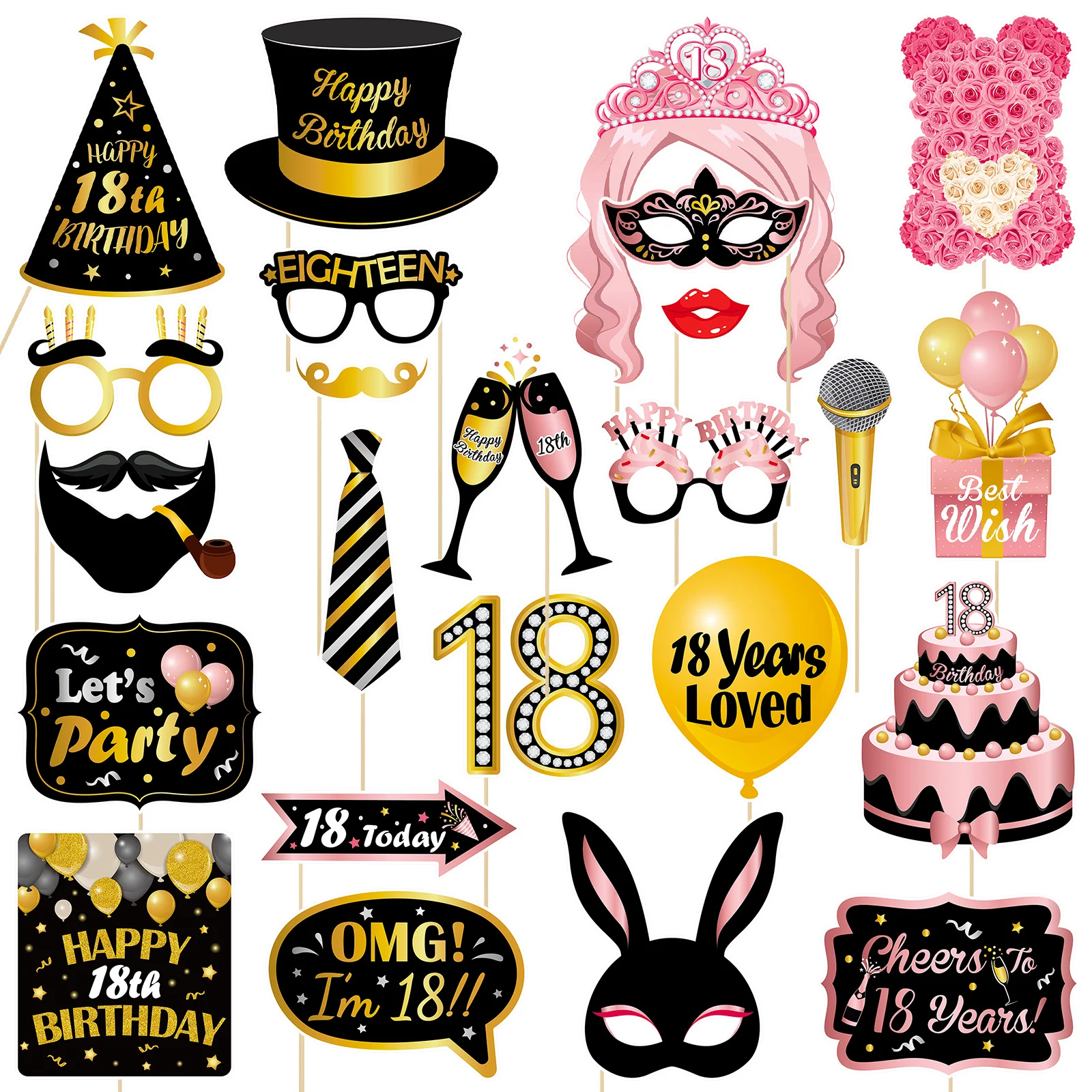 

24pcs 18th Birthday Photo Booth Props Photo Props Already Assembled Decoration DIY Selfie Favor Supplies