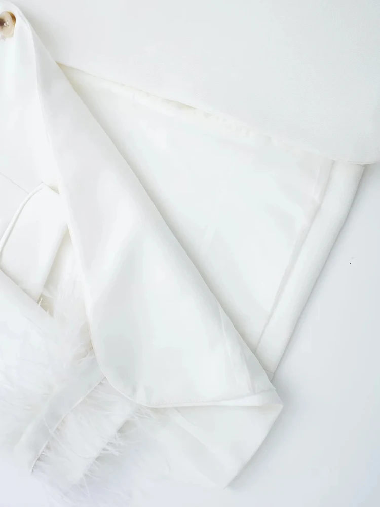 PAILETE Women 2023 fashion with feathers straight blazer coat vintage long sleeve flap pockets female outerwear chic veste femme