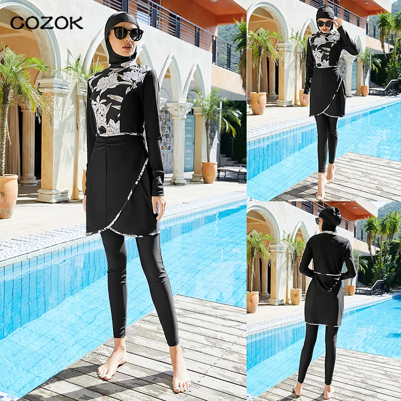 

Muslim Hijab Burkini Swimsuit 3pcs Modest Swimwear Women Muslim Islam Printed Irregular Skirt Full Cover Up Beach Wear 2022 New