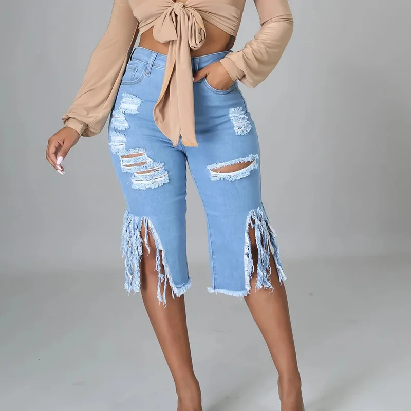 Sexy Women Jeans Hole Ripped Tassle Low Waist Elastic Flare Knee Length Denim Pants indie Fashion High Street Trousers 2023
