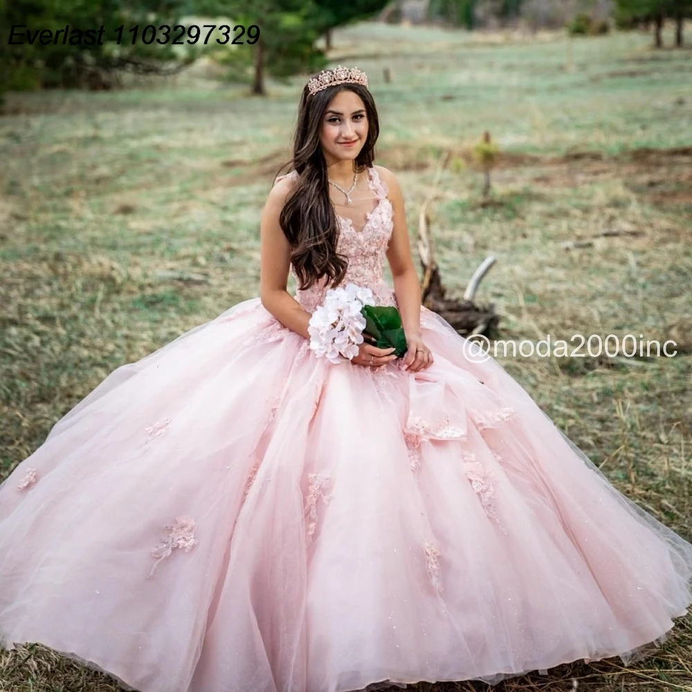 Блестящее розовое платье EVLAST для Quinceanera бальное с аппликацией и бисером корсет