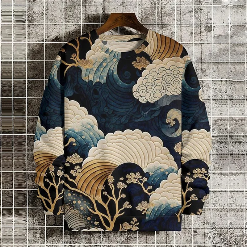 Фото Japanese Ukiyo-e Pattern Sweatshirts For Men Sea Wave Ramen 3D Printed Pullover Autumn Oversized O-Neck Hoodies Long Sleeves №1