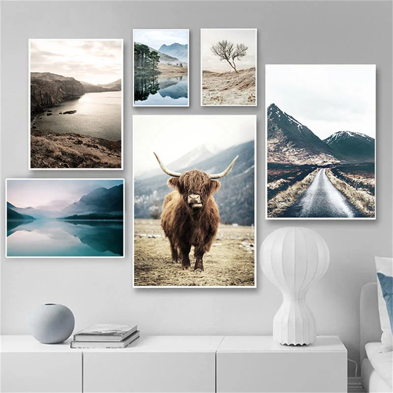 

Nordic Natural Landscape Canvas Print Poster Animal Cow Lake Snow Mountain Forest Railway Wall Art Painting Decoration Picture