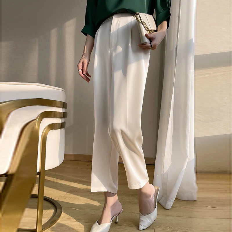 Гладкие атласные брюки женские летние тонкие Стильные с завышенной талией